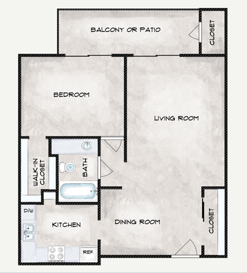 Floor plan for 1 bed, 1 bath, 743 sqft